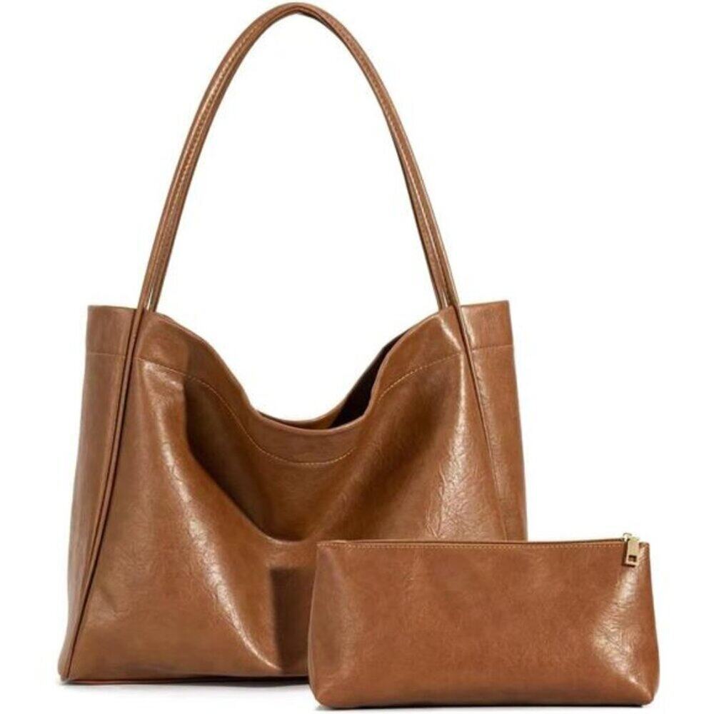 Brown Tote Bag for Women 2 Pcs Large Casual PU Weekender Bag Soft Vegan Leather